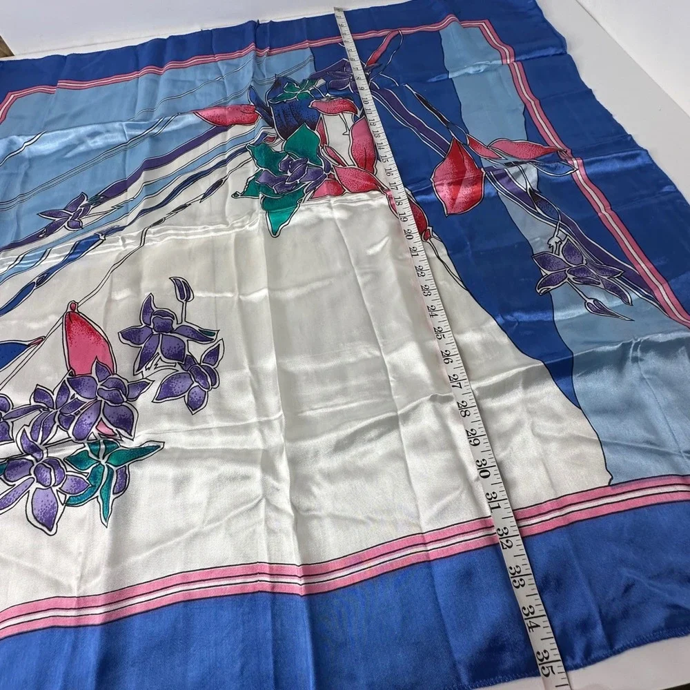 Vintage Blue Floral Satin Square Scarf Large Orchid Print 80s 90s Art Deco 36